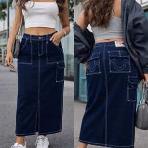 True Religion Denim Cargo Maxi Skirt Dark Wash Size 30